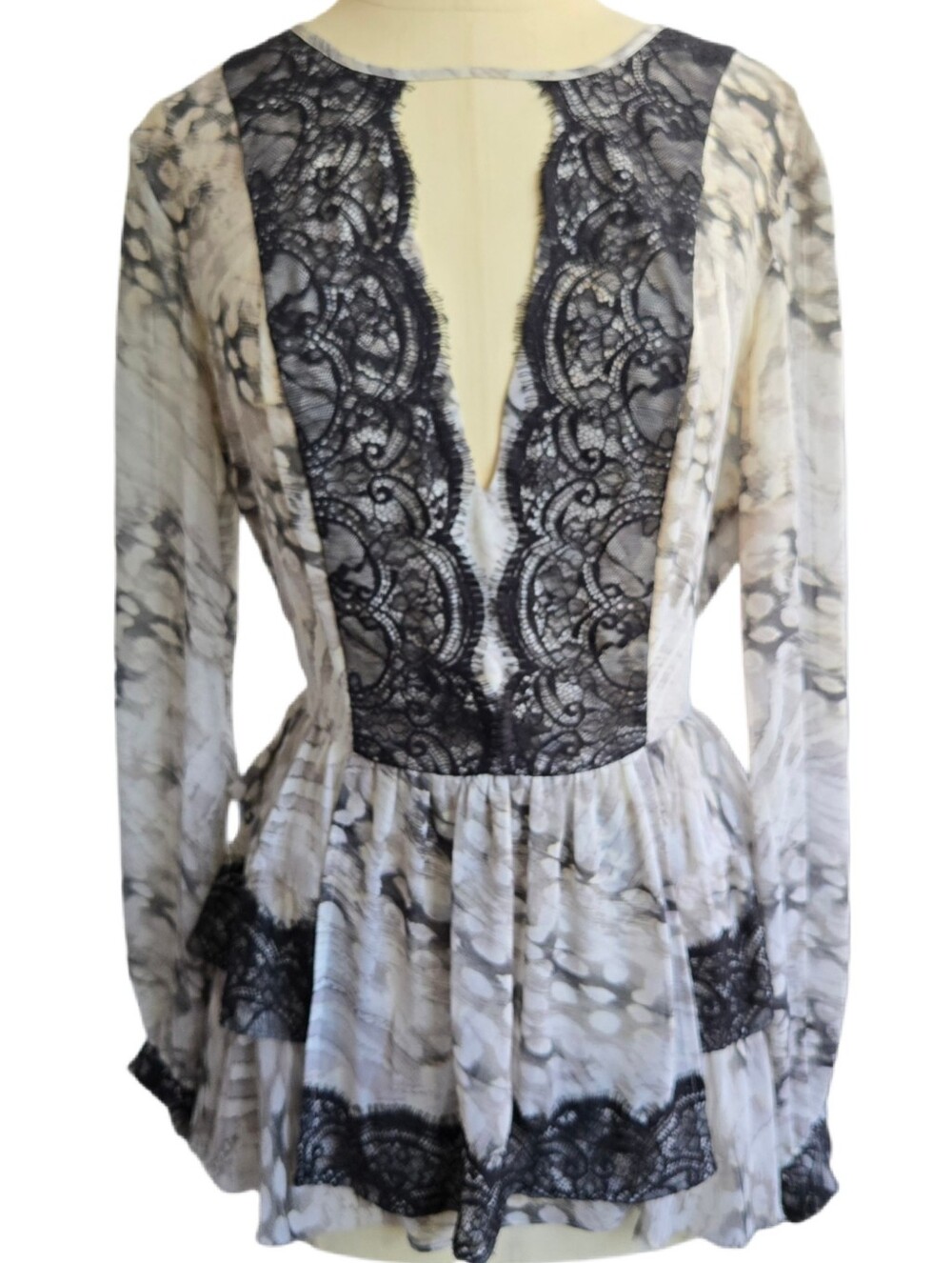 Bebe Sheer Black Lace Panel Long Sleeve Peplum Top